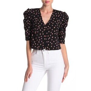 Free Press Womens Black Printed Puff half Sleeve Semi-Crop Top size XXS